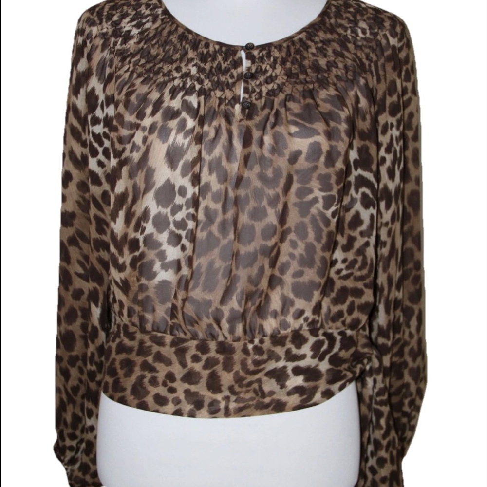MICHAEL KORS Brown Leopard Print Sheer SILK Side Tie Blouse Top - Petite S